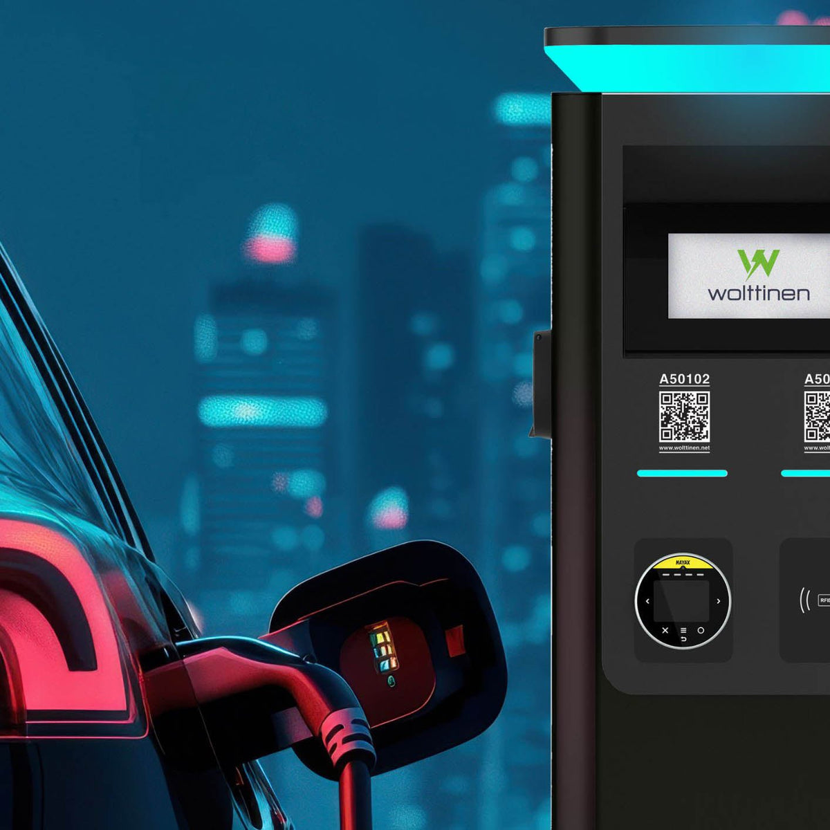 Wolttinen Public Pro 2x22kW latausasema - Wolttinen. Helppo ratkaisu yrityksen lataukseen. Kuormanhallinta ja laskutus.